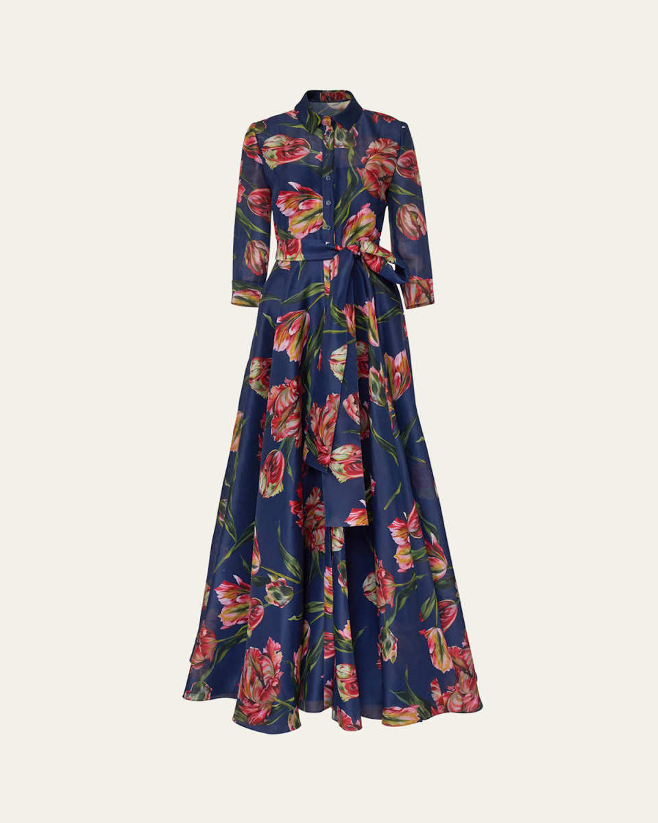 Floral Silk Belted Long-Sleeve Trench Gown
